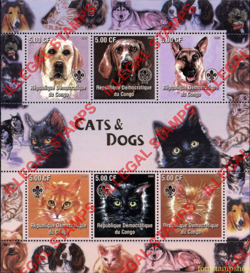 Congo Democratic Republic 2005 Cats and Dogs Illegal Stamp Souvenir Sheet of 6