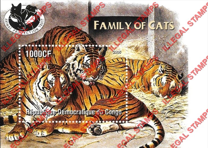 Congo Democratic Republic 2005 Cats Animal Protection Trust Tigers Illegal Stamp Souvenir Sheet of 1