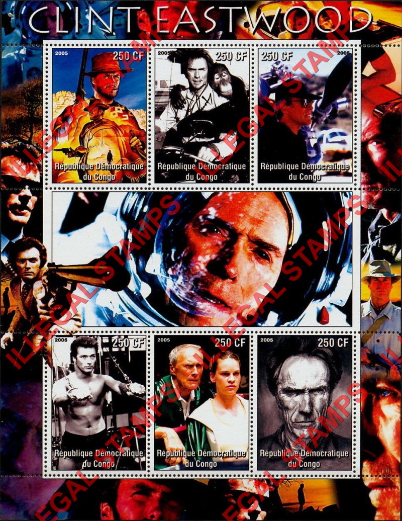 Congo Democratic Republic 2005 Clint Eastwood Illegal Stamp Souvenir Sheet of 6