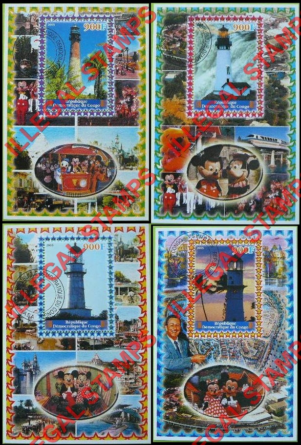 Congo Democratic Republic 2005 Disney Lighthouses Illegal Stamp Souvenir Sheets of 1