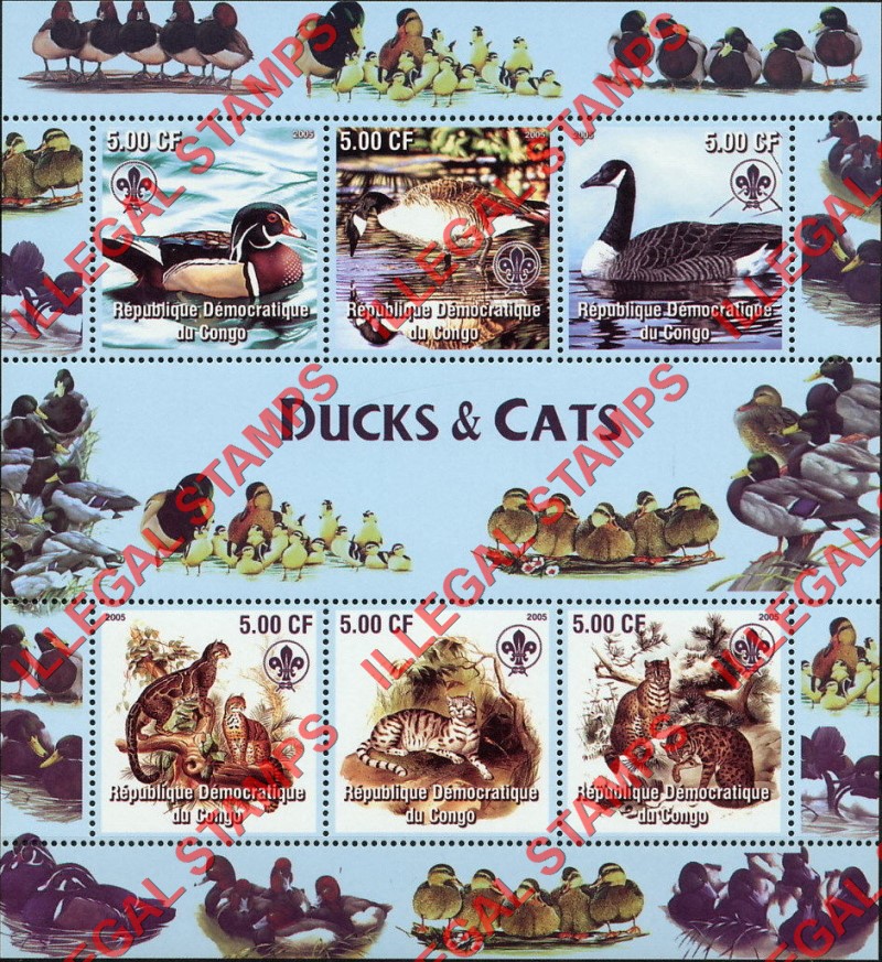 Congo Democratic Republic 2005 Ducks and Cats Illegal Stamp Souvenir Sheet of 6