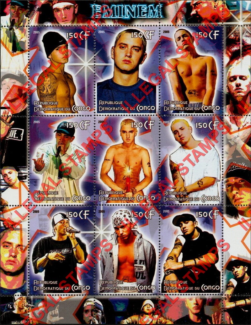 Congo Democratic Republic 2005 Eminem Illegal Stamp Sheet of 9