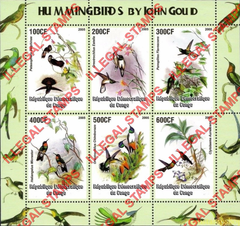 Congo Democratic Republic 2005 Hummingbirds by John Gould Illegal Stamp Souvenir Sheet of 6