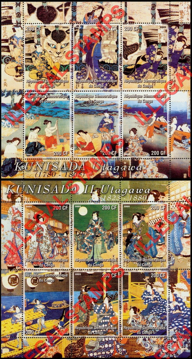 Congo Democratic Republic 2005 Japanese Art Kunisada Illegal Stamp Souvenir Sheets of 6