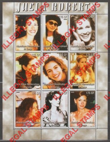 Congo Democratic Republic 2005 Julia Roberts Illegal Stamp Sheet of 9