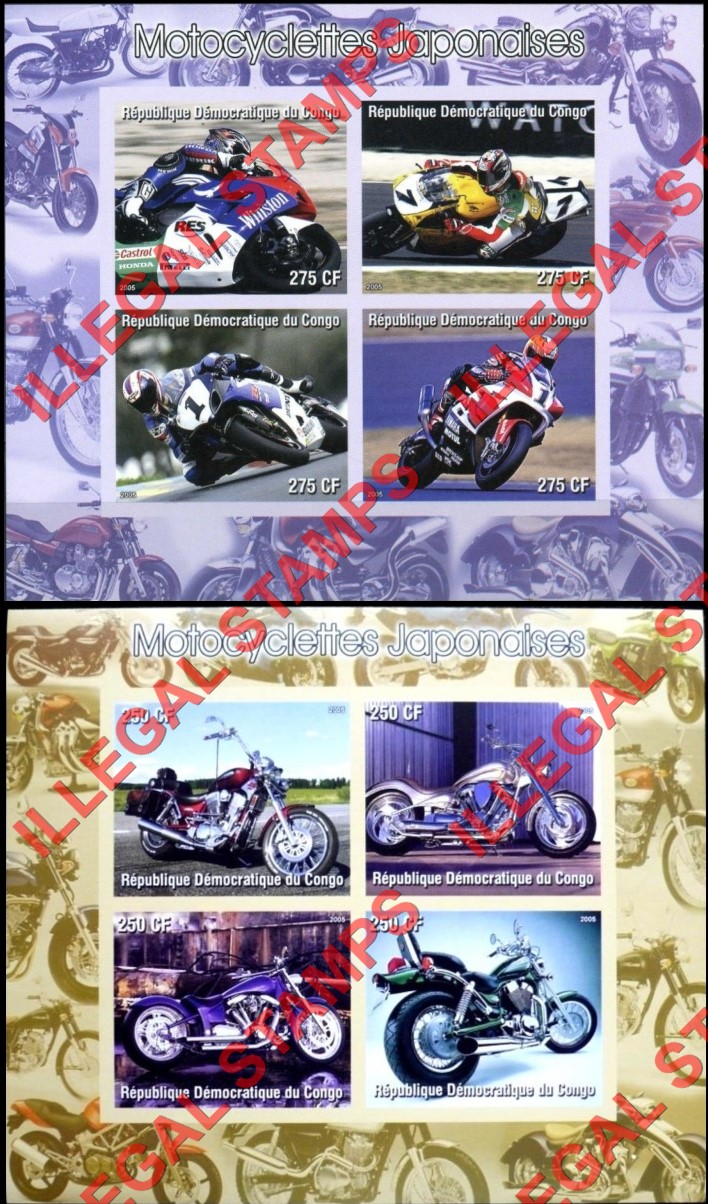 Congo Democratic Republic 2005 Japanese Motorcycles Illegal Stamp Souvenir Sheets of 4