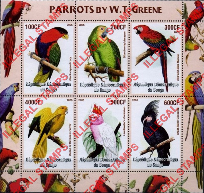 Congo Democratic Republic 2005 Parrots by W.T. Greene Illegal Stamp Souvenir Sheet of 6