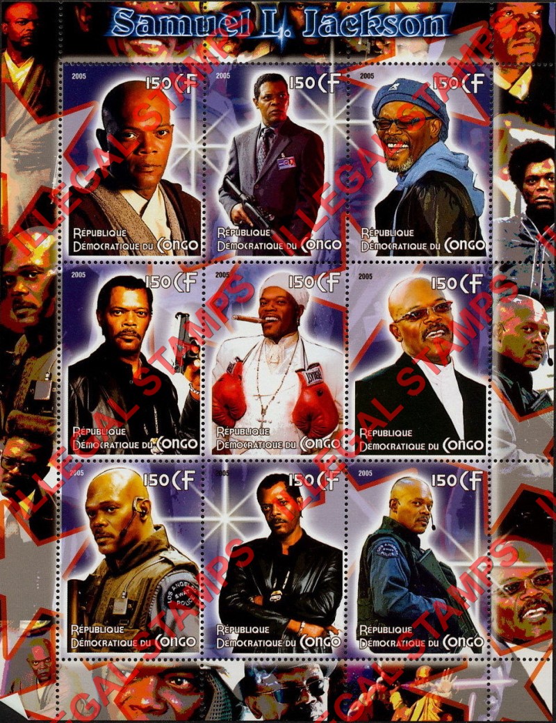 Congo Democratic Republic 2005 Samuel L. Jackson Illegal Stamp Sheet of 9