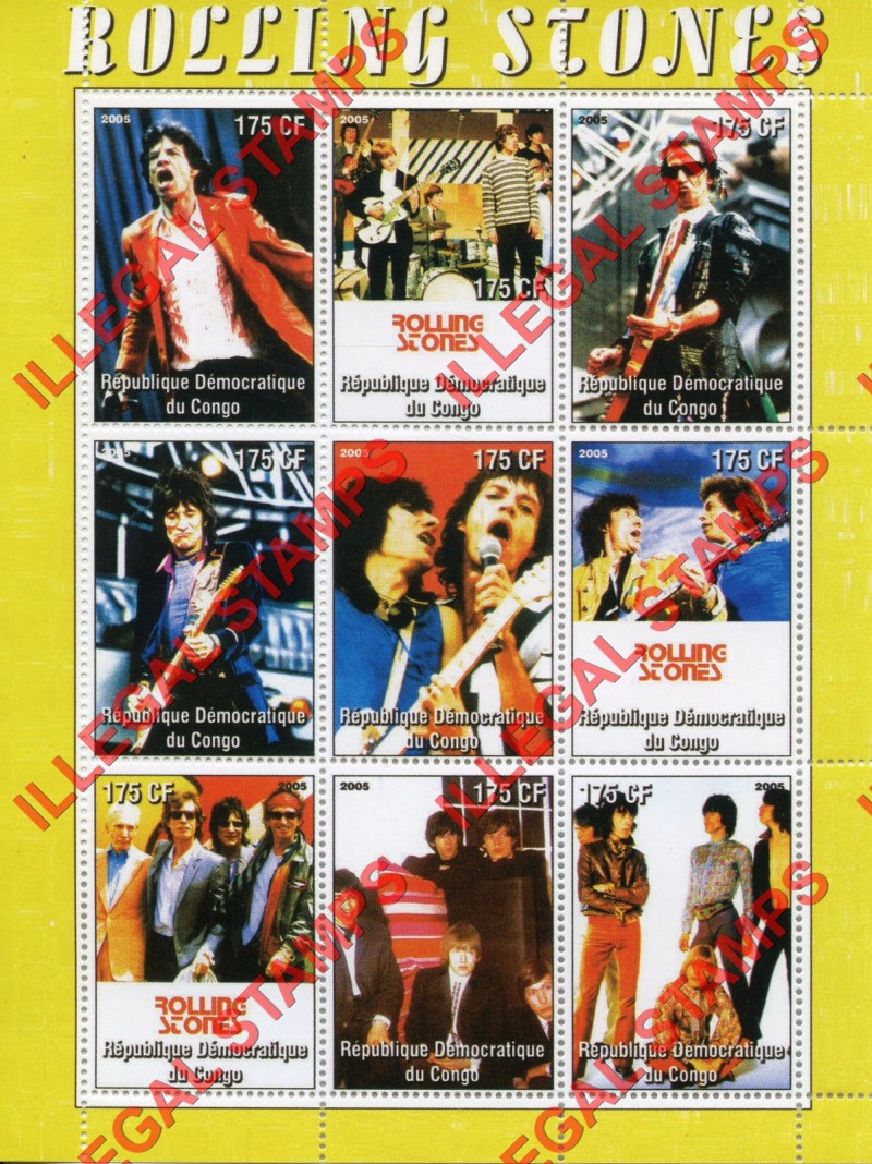 Congo Democratic Republic 2005 The Rolling Stones Illegal Stamp Sheet of 9