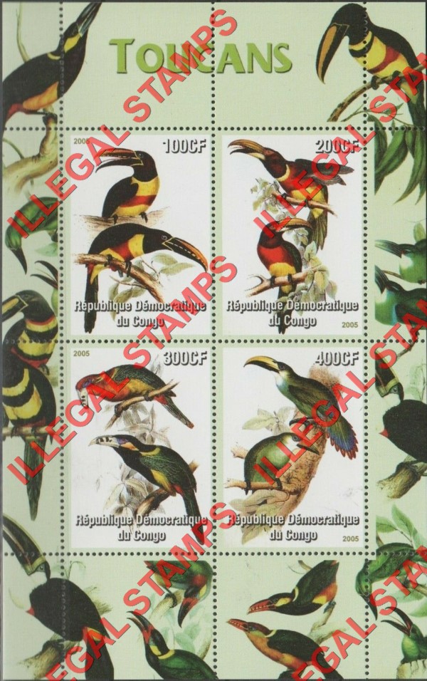 Congo Democratic Republic 2005 Toucans Illegal Stamp Souvenir Sheet of 4