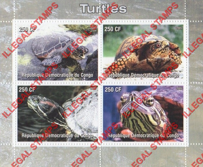 Congo Democratic Republic 2005 Turtles Illegal Stamp Souvenir Sheet of 4