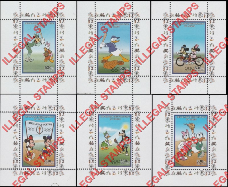 Congo Democratic Republic 2008 Disney Olympic Games Peking Illegal Stamp Deluxe Sheets of 1