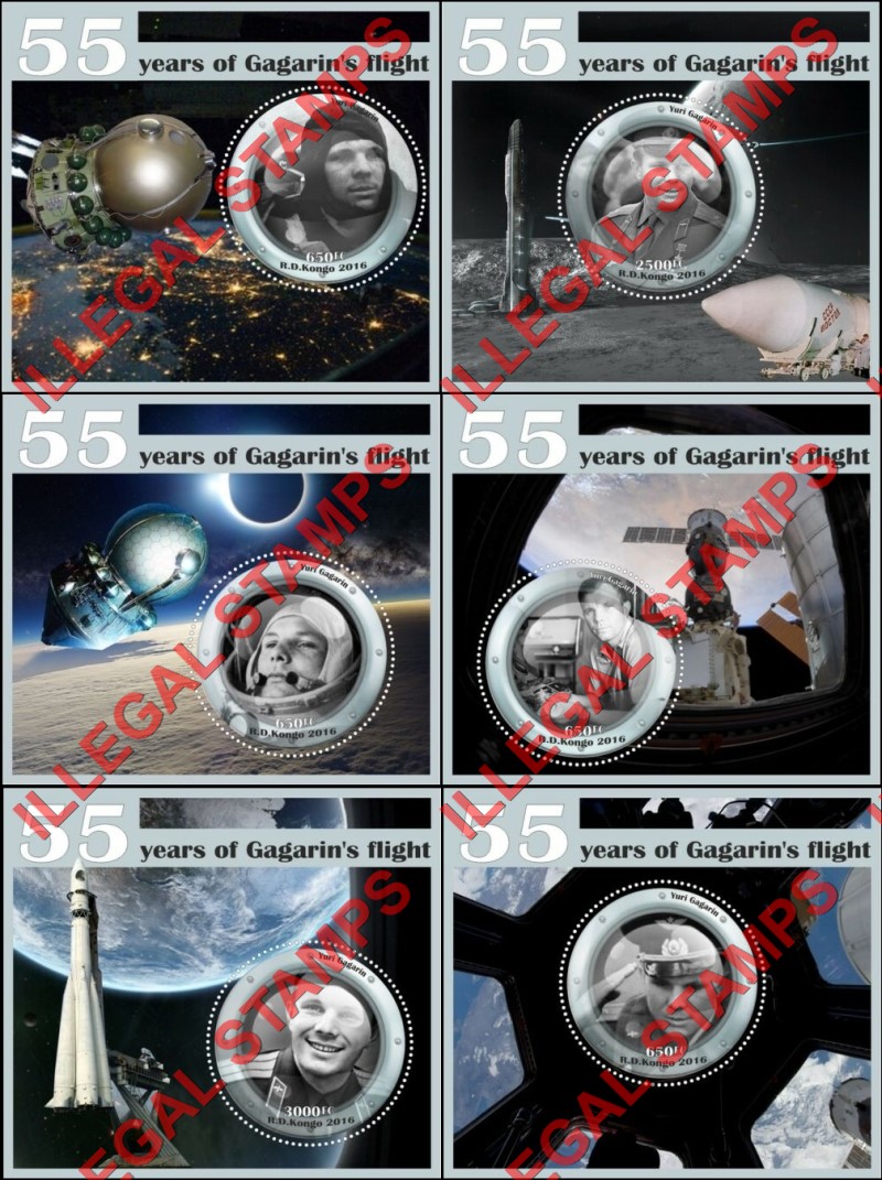 Congo Democratic Republic 2016 Yuri Gagarin Illegal Stamp Souvenir Sheets of 1