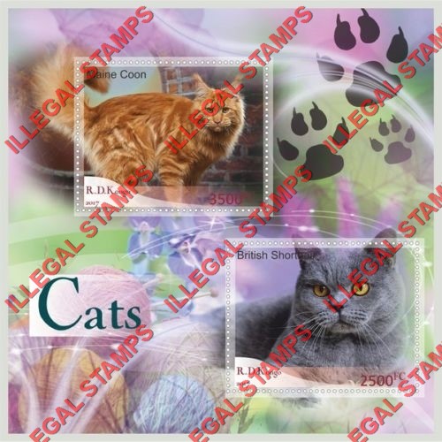 Congo Democratic Republic 2017 Cats Illegal Stamp Souvenir Sheet of 2