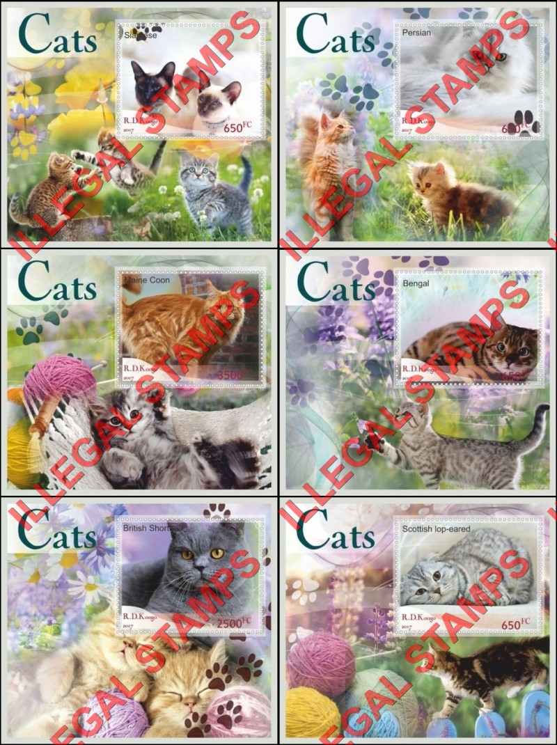 Congo Democratic Republic 2017 Cats Illegal Stamp Souvenir Sheets of 1