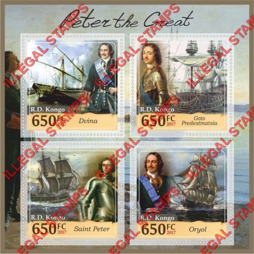 Congo Democratic Republic 2017 Sailing Ships Peter the Great Illegal Stamp Souvenir Sheet of 4