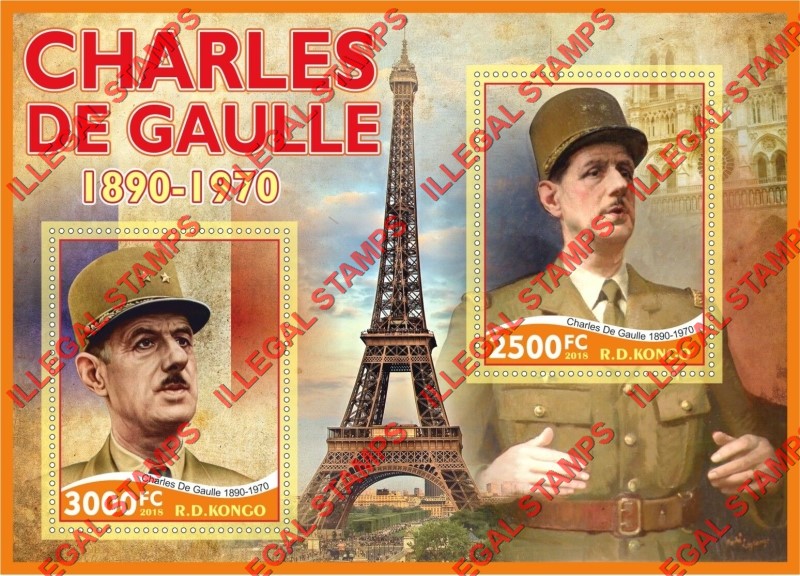 Congo Democratic Republic 2018 Charles de Gaulle Illegal Stamp Souvenir Sheet of 2