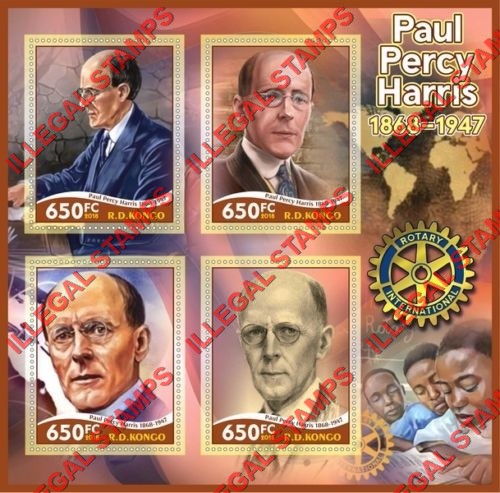 Congo Democratic Republic 2018 Paul Percy Harris Rotary International Illegal Stamp Souvenir Sheet of 4