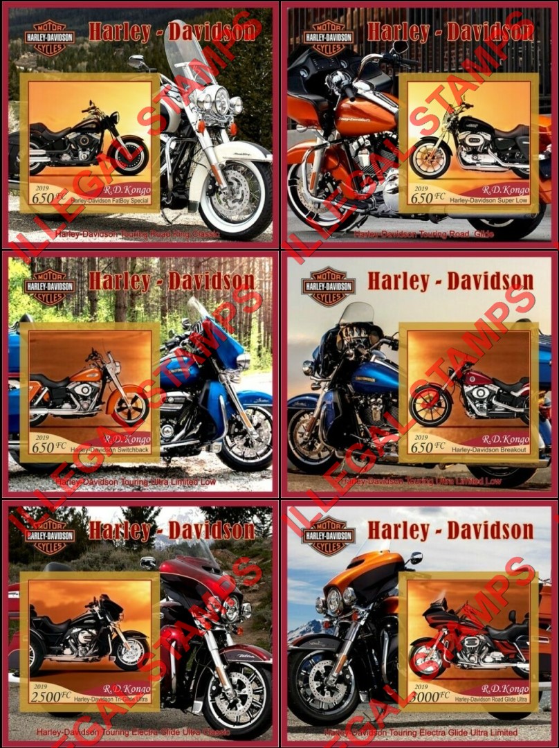 Congo Democratic Republic 2019 Motorcycles Harley Davidson Illegal Stamp Souvenir Sheets of 1
