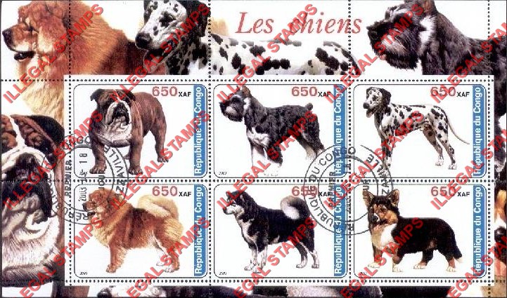 Congo Republic 2003 Dogs Illegal Stamp Souvenir Sheet of 6