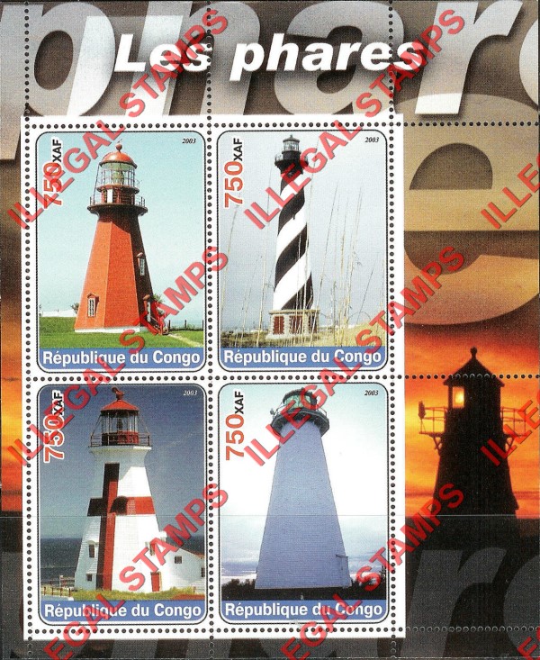 Congo Republic 2003 Lighthouses Illegal Stamp Souvenir Sheet of 4
