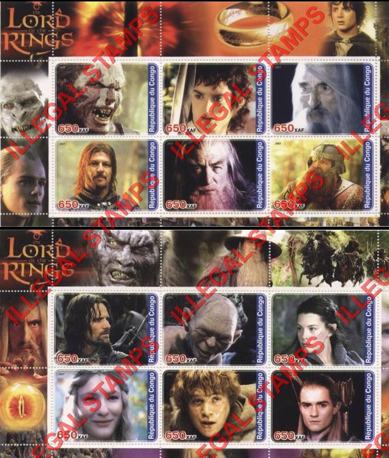 Congo Republic 2003 Lord of the Rings Illegal Stamp Souvenir Sheets of 6