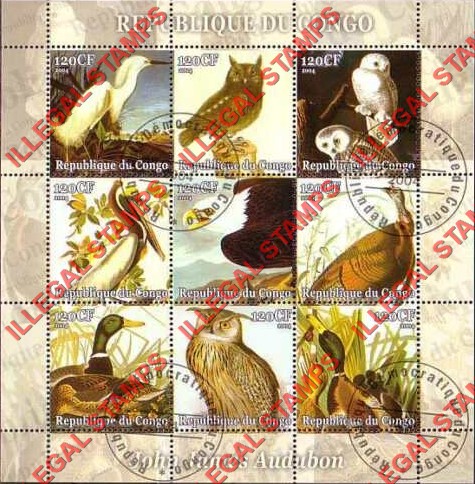 Congo Republic 2004 Audubon Birds Illegal Stamp Sheetlet of 9