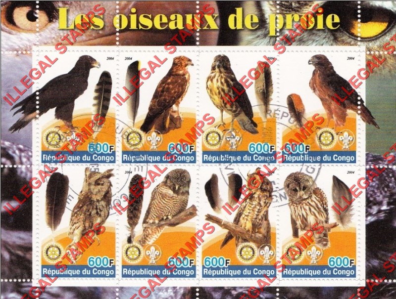 Congo Republic 2004 Birds of Prey Illegal Stamp Souvenir Sheet of 8