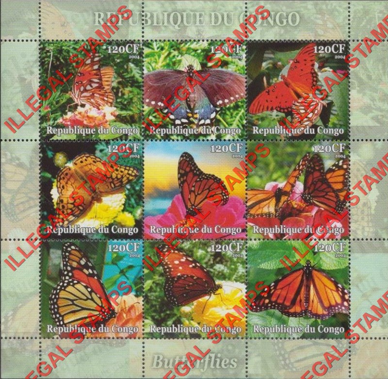 Congo Republic 2004 Butterflies Illegal Stamp Sheetlet of 9