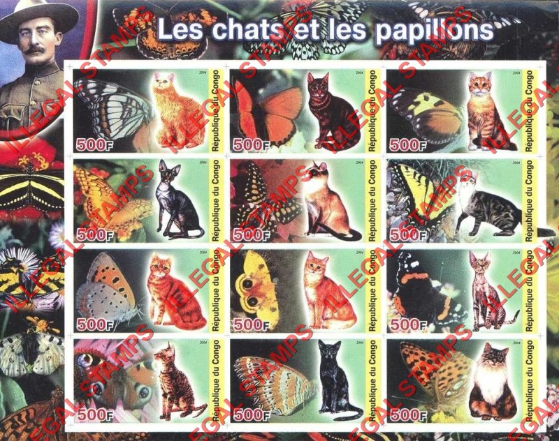 Congo Republic 2004 Cats and Butterflies Illegal Stamp Souvenir Sheet of 12