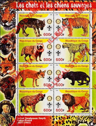 Congo Republic 2004 Wild Cats and Dogs Illegal Stamp Souvenir Sheet of 8
