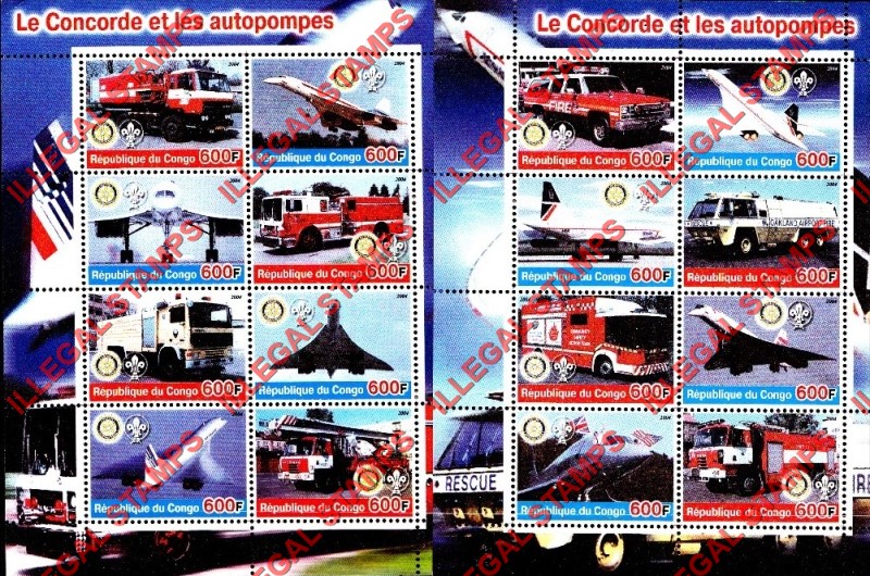 Congo Republic 2004 Concorde and Fire Trucks Illegal Stamp Souvenir Sheets of 8
