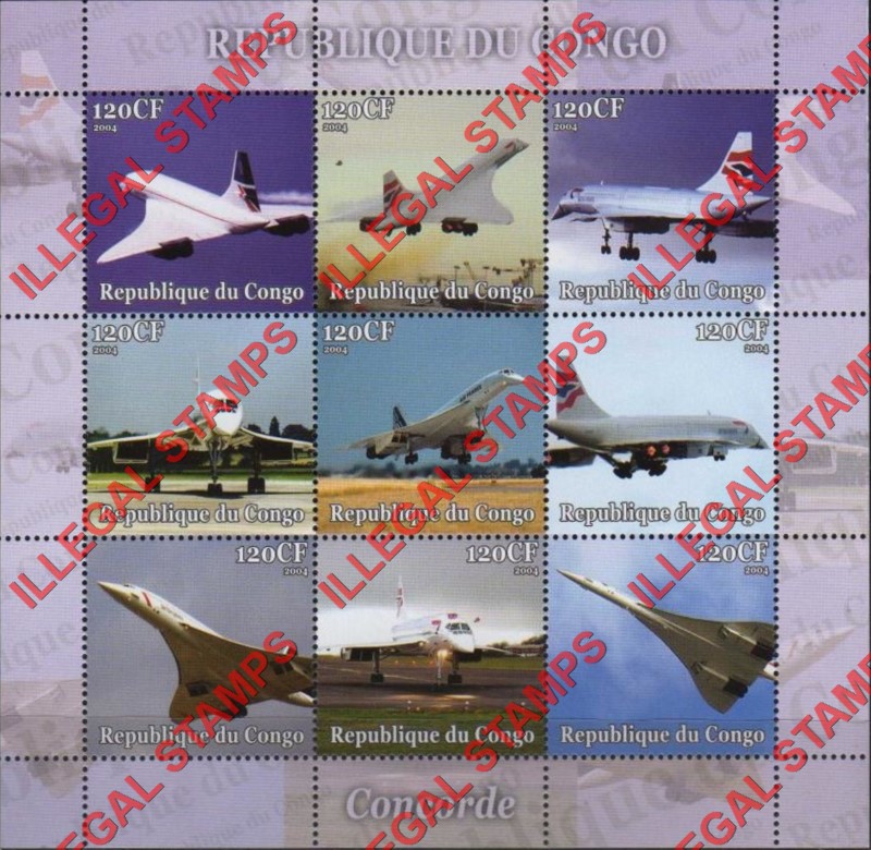Congo Republic 2004 Concorde Illegal Stamp Sheetlet of 9