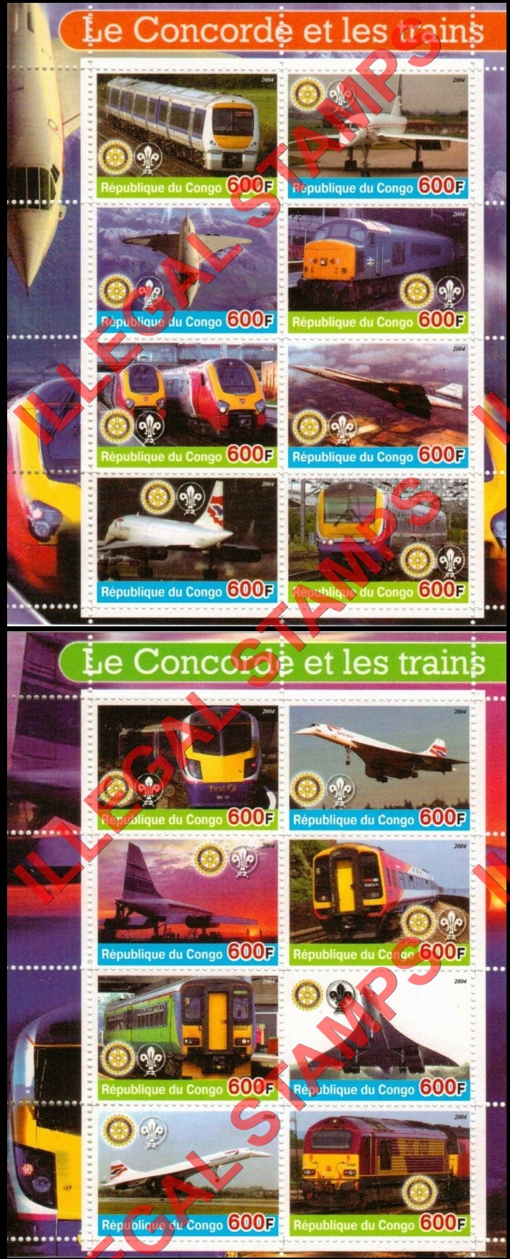 Congo Republic 2004 Concorde and Trains Illegal Stamp Souvenir Sheets of 8