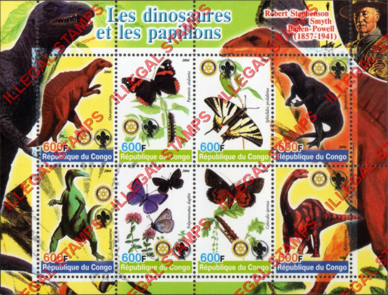 Congo Republic 2004 Dinosaurs and Butterflies Illegal Stamp Souvenir Sheet of 8