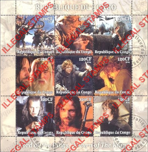 Congo Republic 2004 Lord of the Rings Illegal Stamp Sheetlet of 9