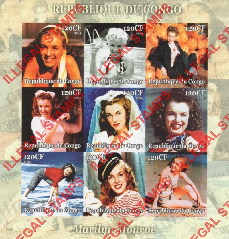 Congo Republic 2004 Marilyn Monroe Illegal Stamp Sheetlet of 9