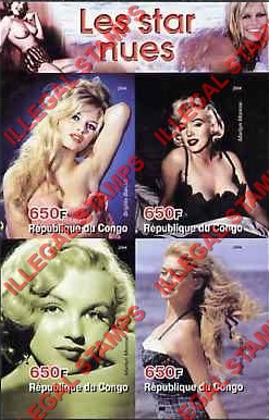 Congo Republic 2004 Nude Stars Marilyn Monroe and Brigitte Bardot Illegal Stamp Souvenir Sheet of 6