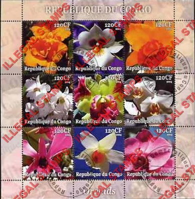 Congo Republic 2004 Orchids Illegal Stamp Sheetlet of 9