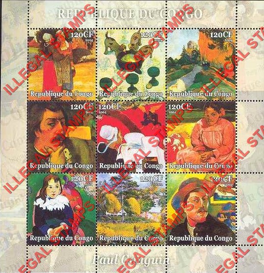 Congo Republic 2004 Paintings by Gauguin Illegal Stamp Sheetlet of 9