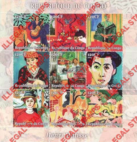 Congo Republic 2004 Paintings by Matisse Illegal Stamp Sheetlet of 9