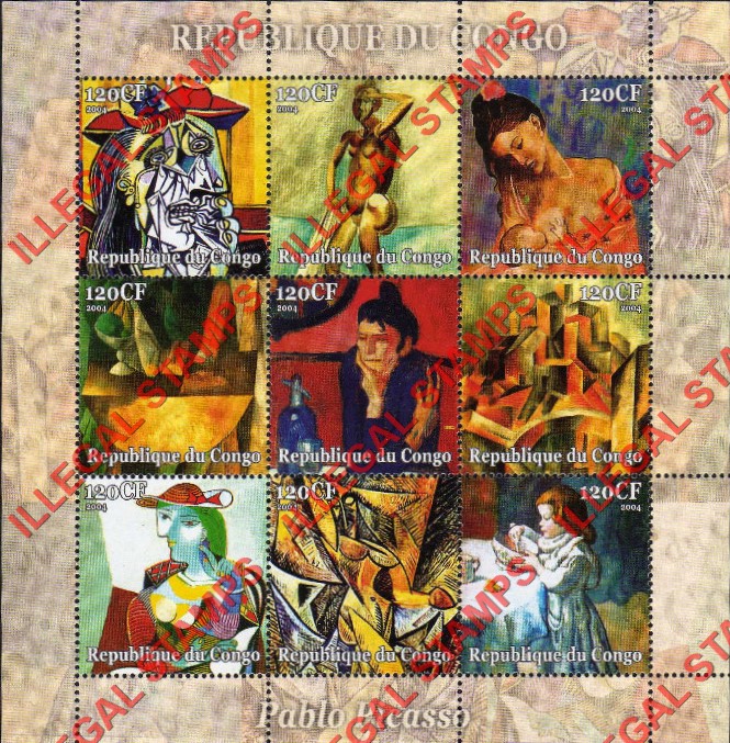 Congo Republic 2004 Paintings by Picasso Illegal Stamp Sheetlet of 9