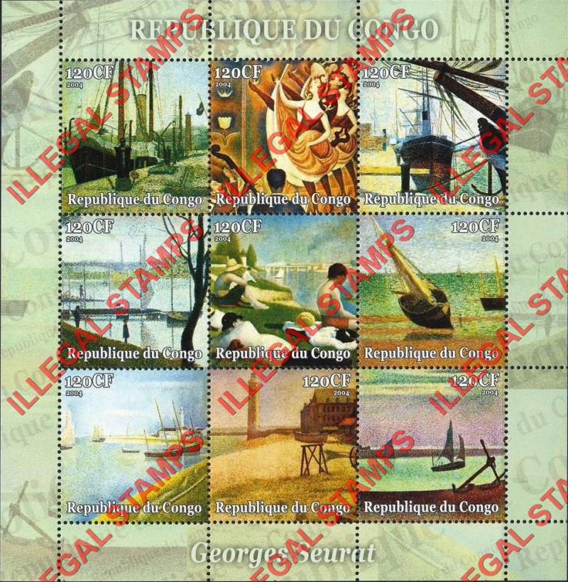 Congo Republic 2004 Paintings by Seurat Illegal Stamp Sheetlet of 9