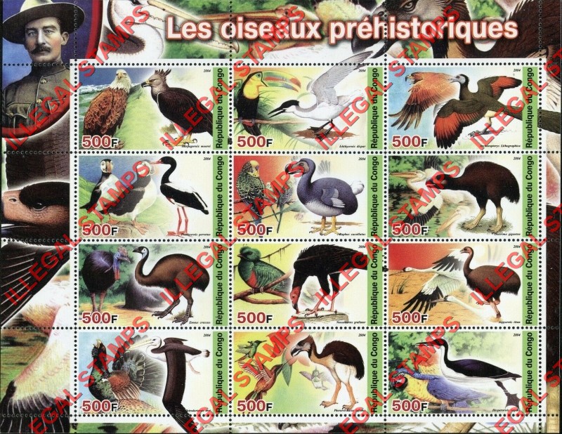 Congo Republic 2004 Prehistoric Birds Illegal Stamp Souvenir Sheet of 12