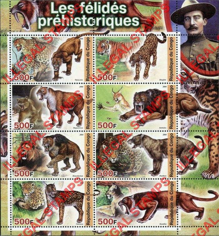 Congo Republic 2004 Prehistoric Cats Illegal Stamp Souvenir Sheet of 8