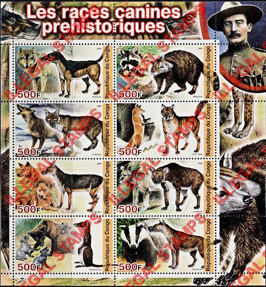 Congo Republic 2004 Prehistoric Dogs Illegal Stamp Souvenir Sheet of 8