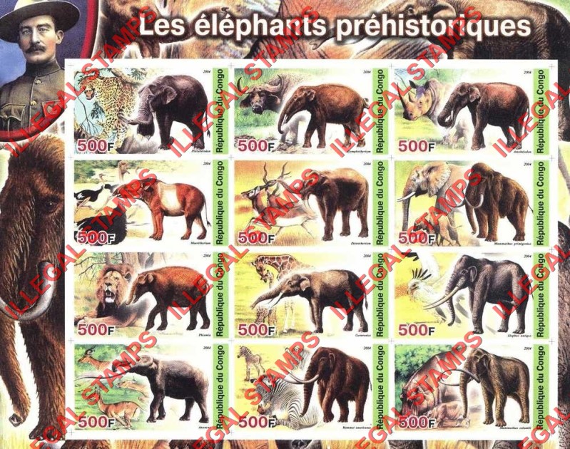 Congo Republic 2004 Prehistoric Elephants Illegal Stamp Souvenir Sheet of 12