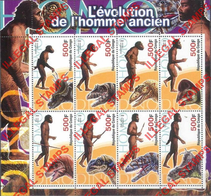 Congo Republic 2004 Prehistoric Man Illegal Stamp Souvenir Sheet of 8