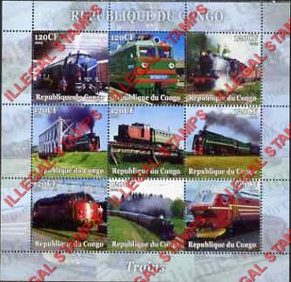 Congo Republic 2004 Trains Illegal Stamp Sheetlet of 9