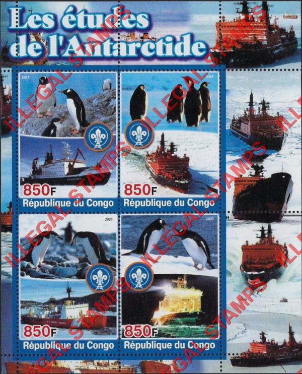 Congo Republic 2005 Antarctic Ships and Penguins Illegal Stamp Souvenir Sheet of 4